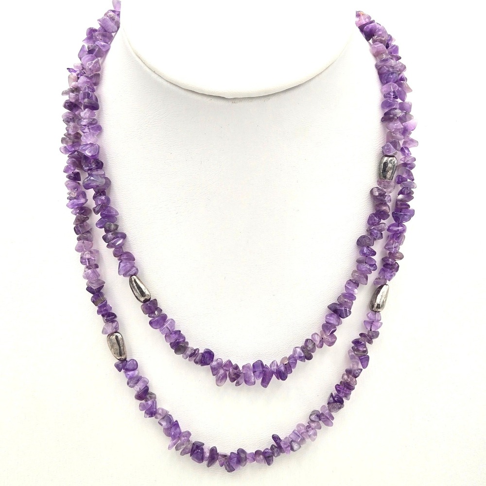 Amethyst Chip Bead Long Strand Necklace Purple Silver Tone Accents 40 Inch‎